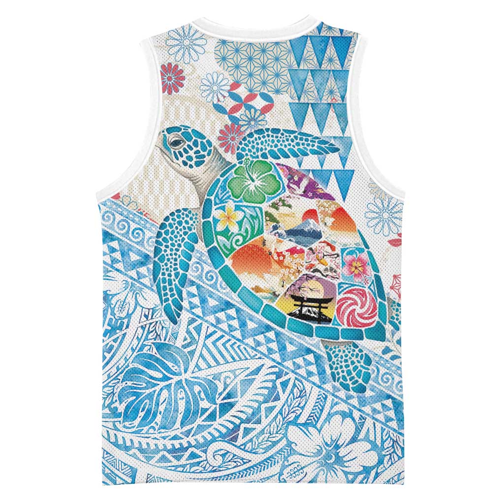 Hawaiian and Japanese Culture Together Basketball Jersey Tropical Honu with Japanese Elements Blue Color LT03 - Polynesian Pride