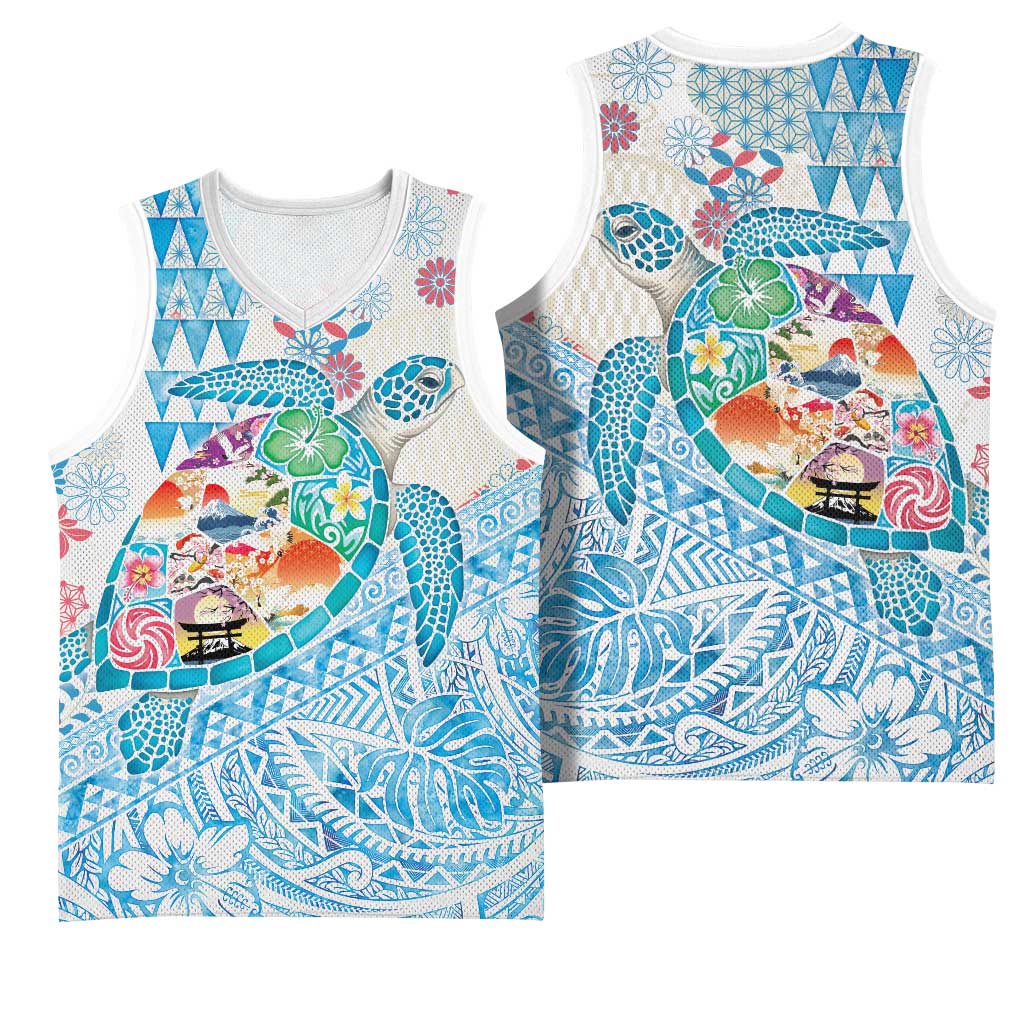 Hawaiian and Japanese Culture Together Basketball Jersey Tropical Honu with Japanese Elements Blue Color LT03 - Polynesian Pride