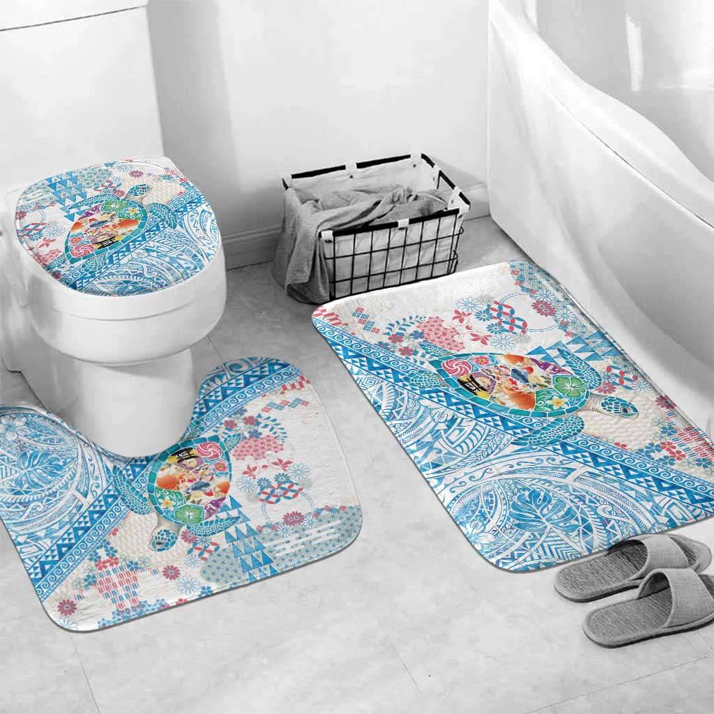 Hawaiian and Japanese Culture Together Bathroom Set Tropical Honu with Japanese Elements Blue Color