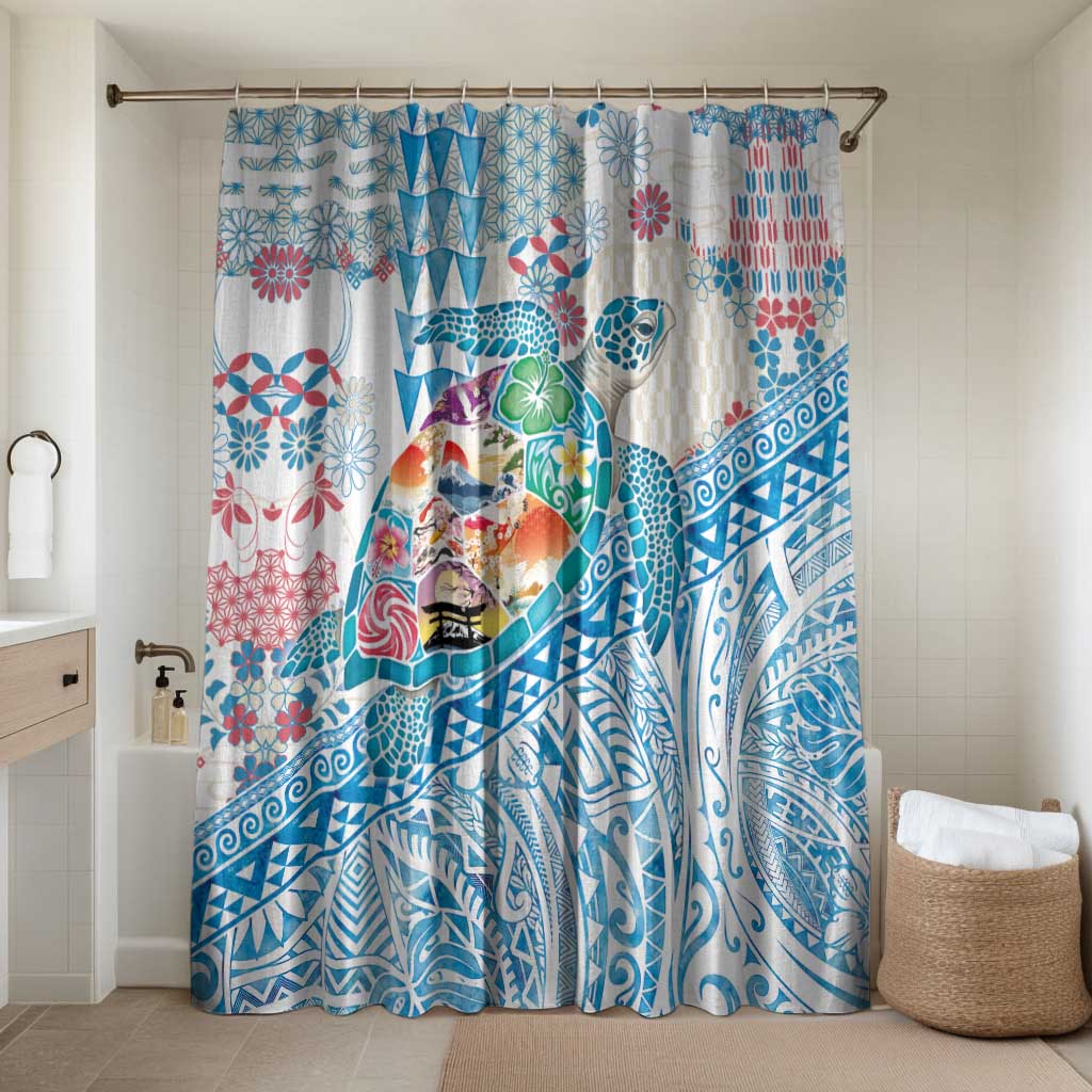 Hawaiian and Japanese Culture Together Bathroom Set Tropical Honu with Japanese Elements Blue Color