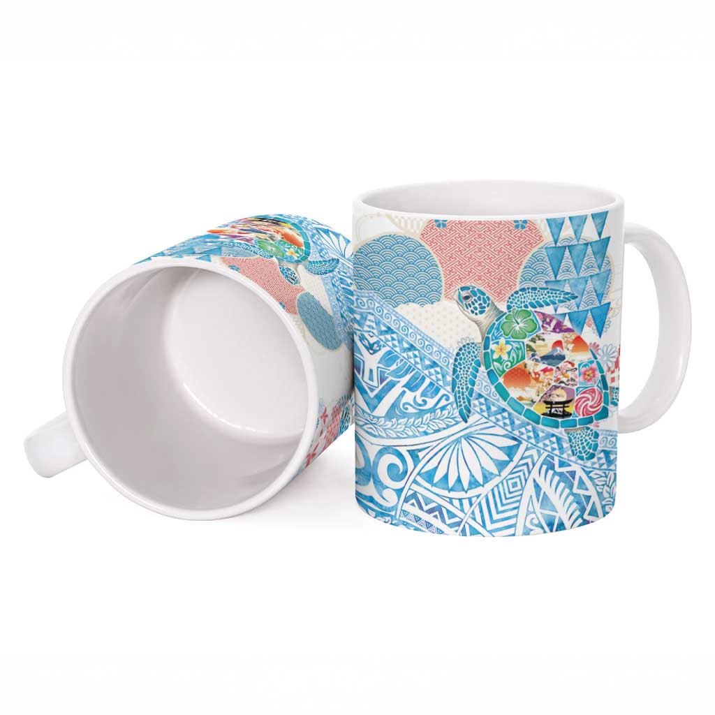 Hawaiian and Japanese Culture Together Ceramic Mug Tropical Honu with Japanese Elements Blue Color LT03 - Polynesian Pride