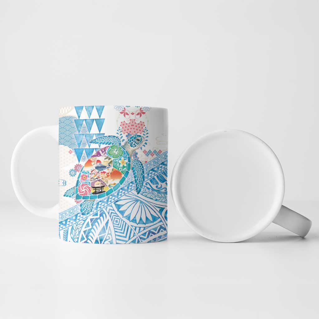 Hawaiian and Japanese Culture Together Ceramic Mug Tropical Honu with Japanese Elements Blue Color LT03 - Polynesian Pride