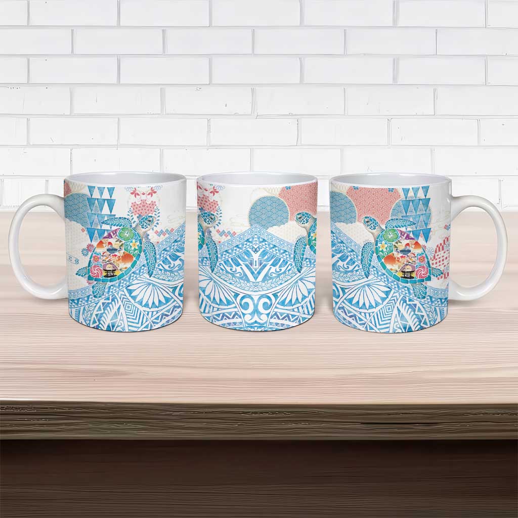 Hawaiian and Japanese Culture Together Ceramic Mug Tropical Honu with Japanese Elements Blue Color LT03 - Polynesian Pride