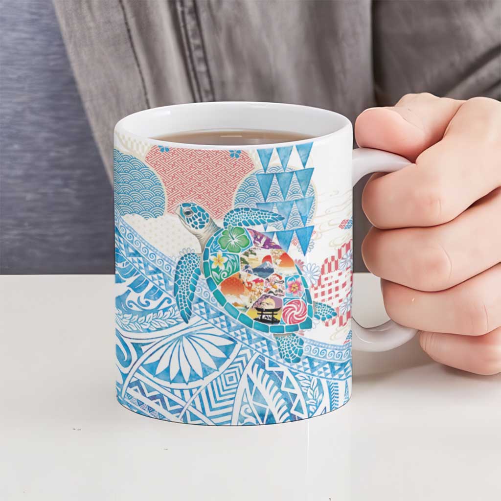 Hawaiian and Japanese Culture Together Ceramic Mug Tropical Honu with Japanese Elements Blue Color LT03 - Polynesian Pride