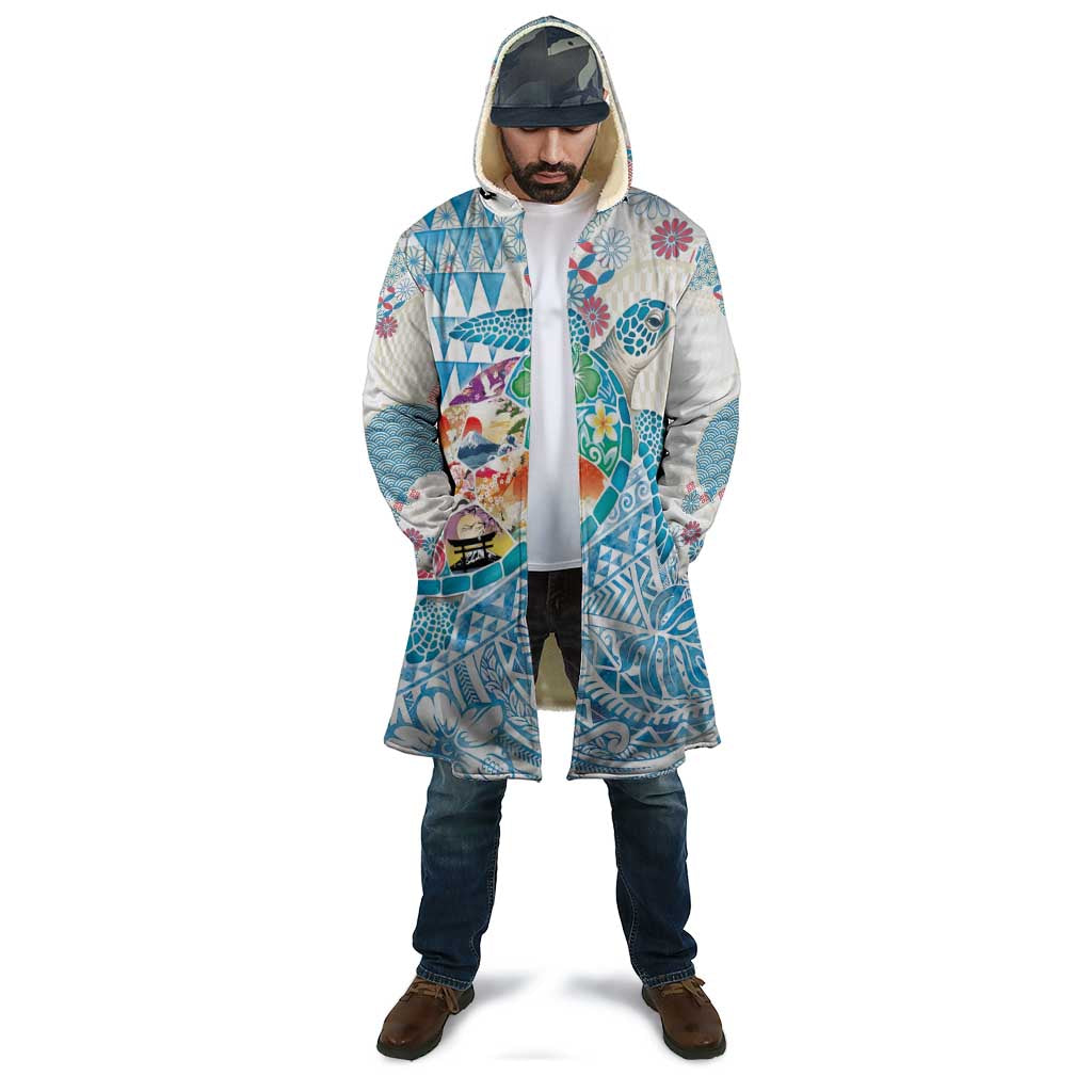 Hawaiian and Japanese Culture Together Cloak Tropical Honu with Japanese Elements Blue Color