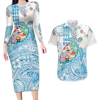 Hawaiian and Japanese Culture Together Couples Matching Long Sleeve Bodycon Dress and Hawaiian Shirt Tropical Honu with Japanese Elements Blue Color LT03 Blue - Polynesian Pride