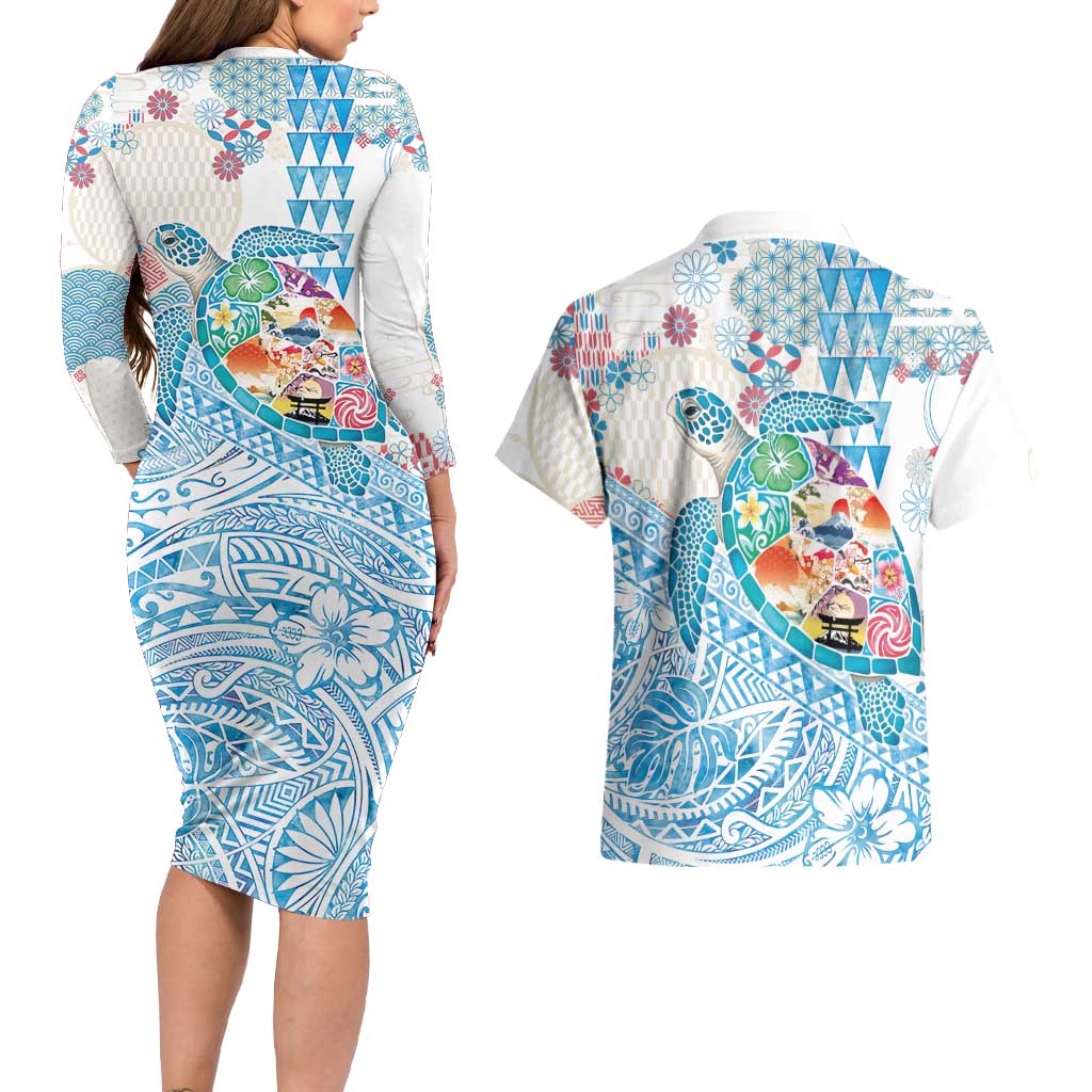 Hawaiian and Japanese Culture Together Couples Matching Long Sleeve Bodycon Dress and Hawaiian Shirt Tropical Honu with Japanese Elements Blue Color LT03 - Polynesian Pride