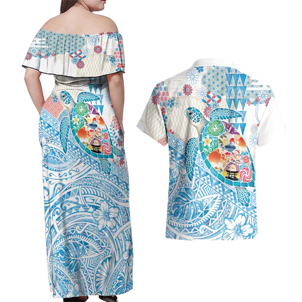 Hawaiian and Japanese Culture Together Couples Matching Off Shoulder Maxi Dress and Hawaiian Shirt Tropical Honu with Japanese Elements Blue Color LT03 - Polynesian Pride