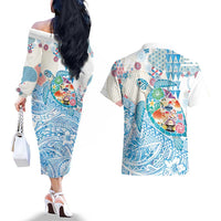 Hawaiian and Japanese Culture Together Couples Matching Off The Shoulder Long Sleeve Dress and Hawaiian Shirt Tropical Honu with Japanese Elements Blue Color LT03 - Polynesian Pride