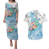 Hawaiian and Japanese Culture Together Couples Matching Puletasi and Hawaiian Shirt Tropical Honu with Japanese Elements Blue Color LT03 Blue - Polynesian Pride