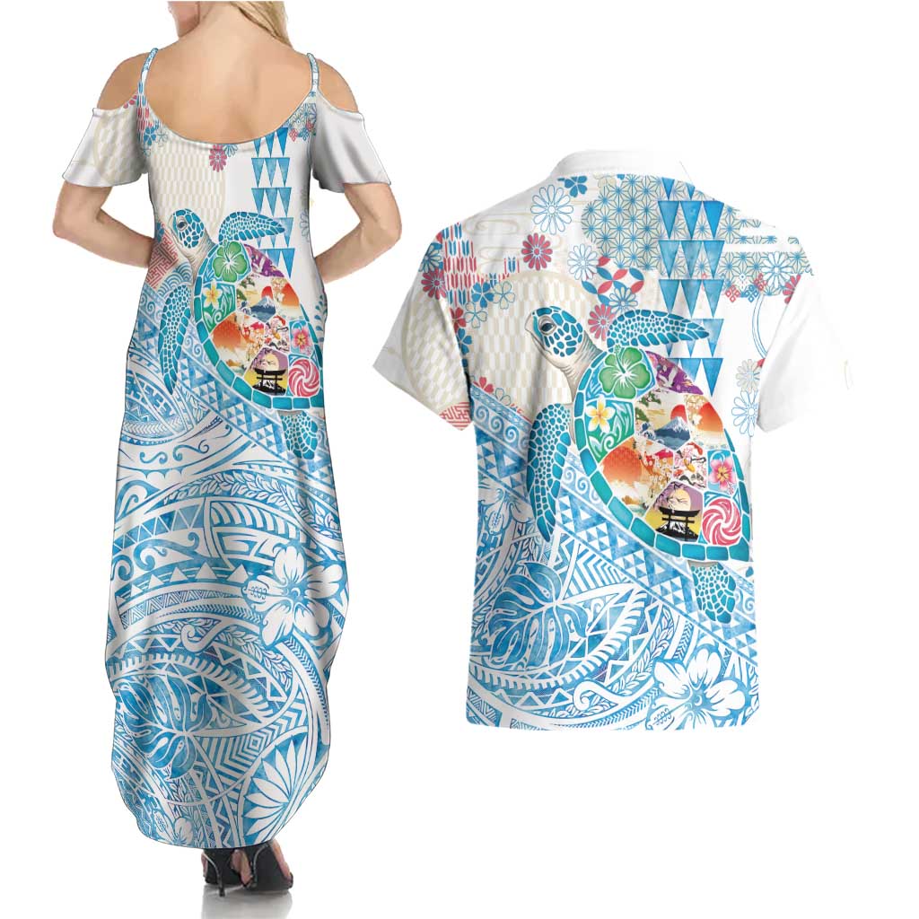 Hawaiian and Japanese Culture Together Couples Matching Summer Maxi Dress and Hawaiian Shirt Tropical Honu with Japanese Elements Blue Color LT03 - Polynesian Pride