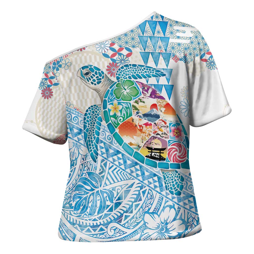 Hawaiian and Japanese Culture Together Cross Shoulder Shirt Tropical Honu with Japanese Elements Blue Color LT03 - Polynesian Pride