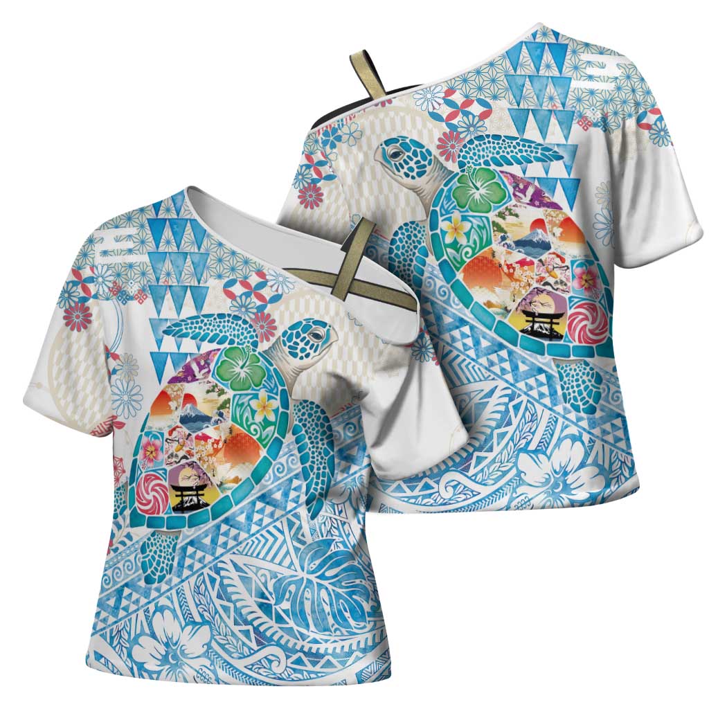 Hawaiian and Japanese Culture Together Cross Shoulder Shirt Tropical Honu with Japanese Elements Blue Color LT03 - Polynesian Pride