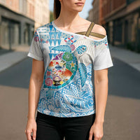 Hawaiian and Japanese Culture Together Cross Shoulder Shirt Tropical Honu with Japanese Elements Blue Color LT03 - Polynesian Pride