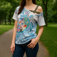 Hawaiian and Japanese Culture Together Cross Shoulder Shirt Tropical Honu with Japanese Elements Blue Color LT03 - Polynesian Pride