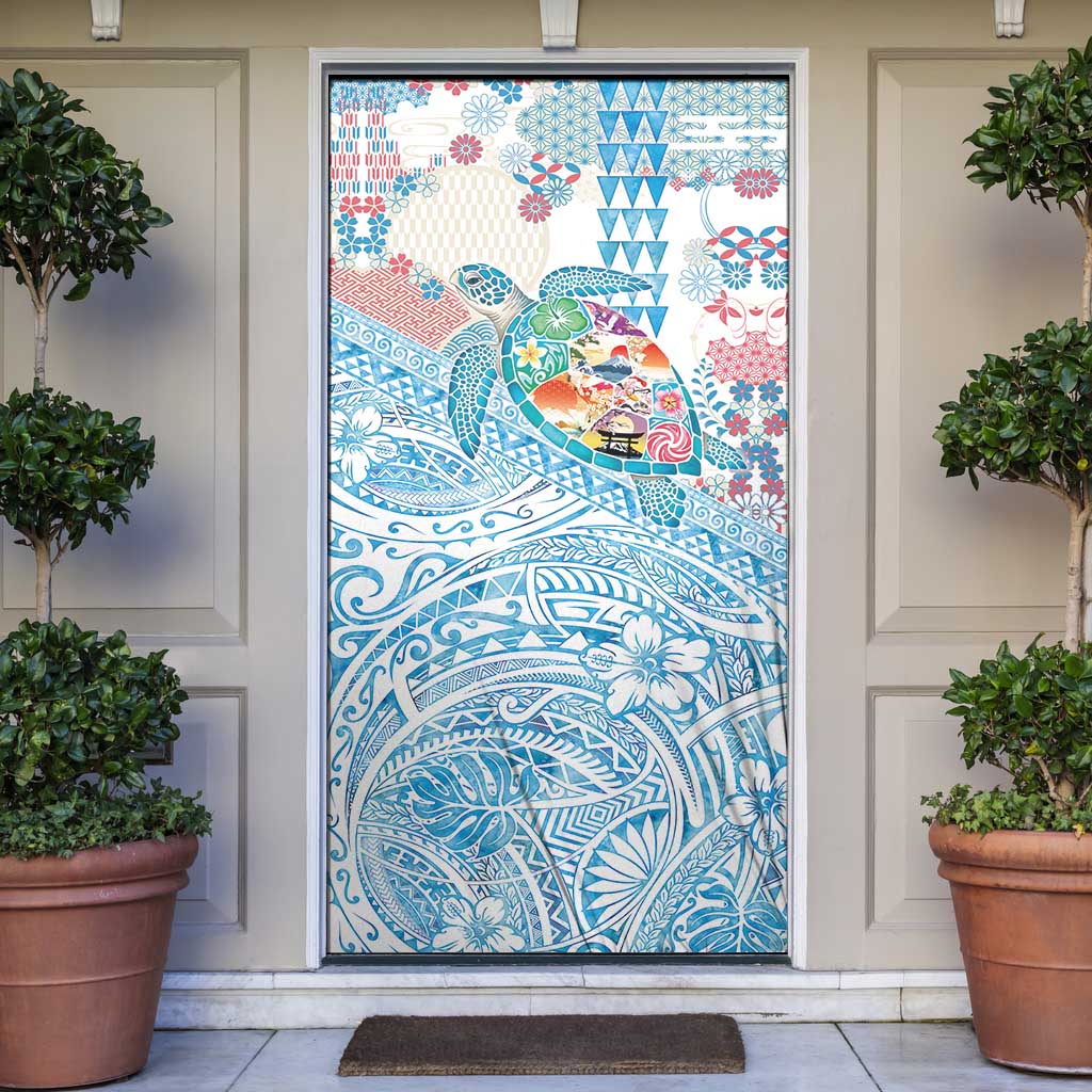 Hawaiian and Japanese Culture Together Door Cover Tropical Honu with Japanese Elements Blue Color LT03 Blue - Polynesian Pride