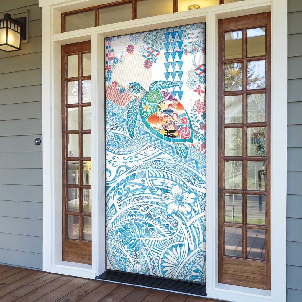 Hawaiian and Japanese Culture Together Door Cover Tropical Honu with Japanese Elements Blue Color LT03 - Polynesian Pride