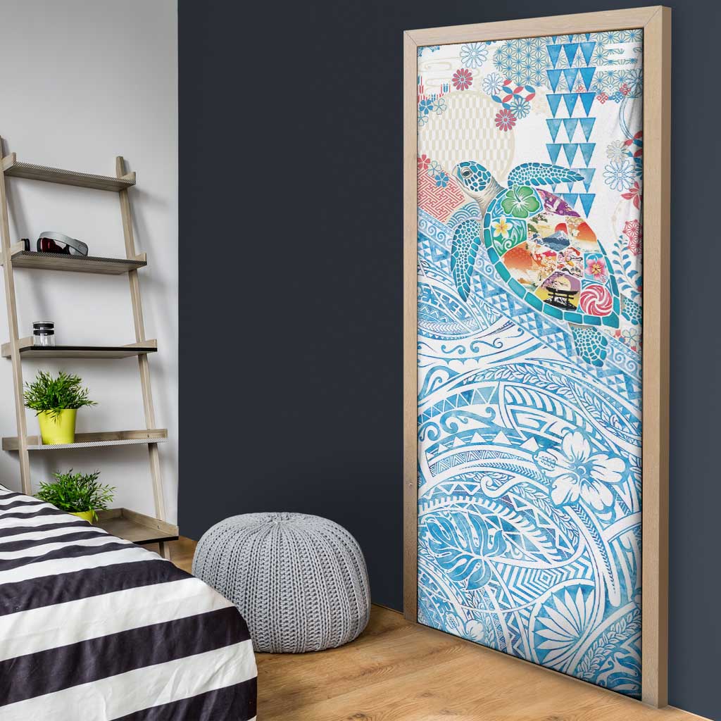 Hawaiian and Japanese Culture Together Door Cover Tropical Honu with Japanese Elements Blue Color LT03 - Polynesian Pride
