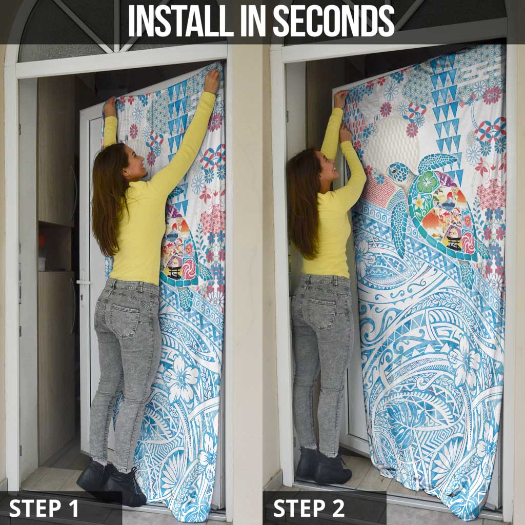 Hawaiian and Japanese Culture Together Door Cover Tropical Honu with Japanese Elements Blue Color LT03 - Polynesian Pride