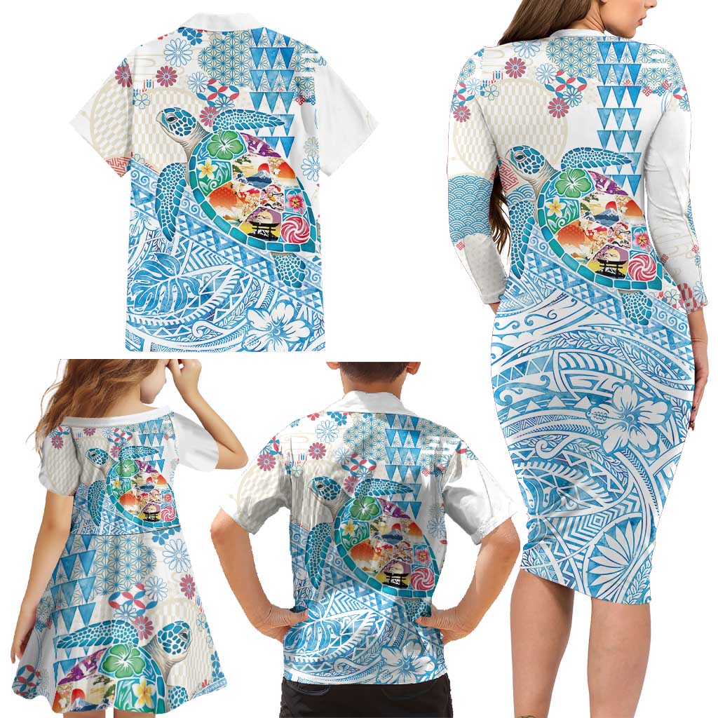Hawaiian and Japanese Culture Together Family Matching Long Sleeve Bodycon Dress and Hawaiian Shirt Tropical Honu with Japanese Elements Blue Color LT03 - Polynesian Pride