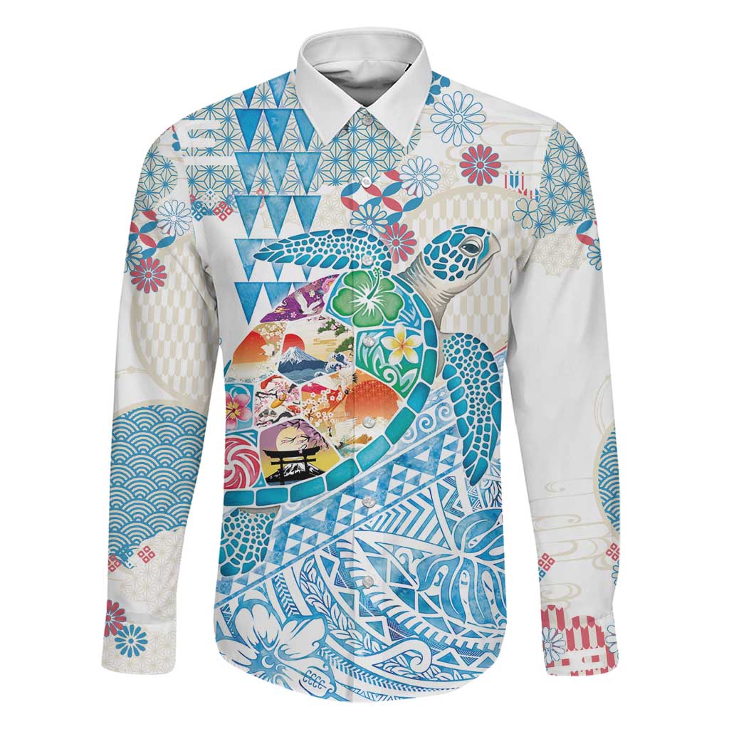 Hawaiian and Japanese Culture Together Family Matching Long Sleeve Bodycon Dress and Hawaiian Shirt Tropical Honu with Japanese Elements Blue Color LT03 Dad's Shirt - Long Sleeve Blue - Polynesian Pride
