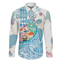 Hawaiian and Japanese Culture Together Family Matching Long Sleeve Bodycon Dress and Hawaiian Shirt Tropical Honu with Japanese Elements Blue Color LT03 Dad's Shirt - Long Sleeve Blue - Polynesian Pride