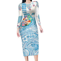 Hawaiian and Japanese Culture Together Family Matching Long Sleeve Bodycon Dress and Hawaiian Shirt Tropical Honu with Japanese Elements Blue Color LT03 Mom's Dress Blue - Polynesian Pride