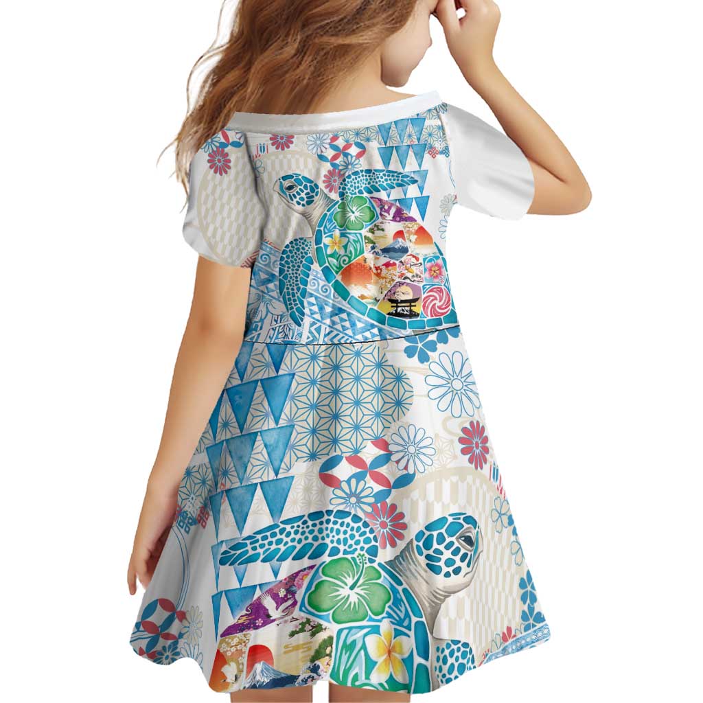 Hawaiian and Japanese Culture Together Family Matching Off The Shoulder Long Sleeve Dress and Hawaiian Shirt Tropical Honu with Japanese Elements Blue Color LT03 - Polynesian Pride