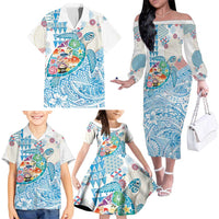 Hawaiian and Japanese Culture Together Family Matching Off The Shoulder Long Sleeve Dress and Hawaiian Shirt Tropical Honu with Japanese Elements Blue Color LT03 - Polynesian Pride