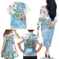 Hawaiian and Japanese Culture Together Family Matching Off The Shoulder Long Sleeve Dress and Hawaiian Shirt Tropical Honu with Japanese Elements Blue Color LT03 - Polynesian Pride