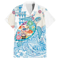 Hawaiian and Japanese Culture Together Family Matching Off The Shoulder Long Sleeve Dress and Hawaiian Shirt Tropical Honu with Japanese Elements Blue Color LT03 Dad's Shirt - Short Sleeve Blue - Polynesian Pride