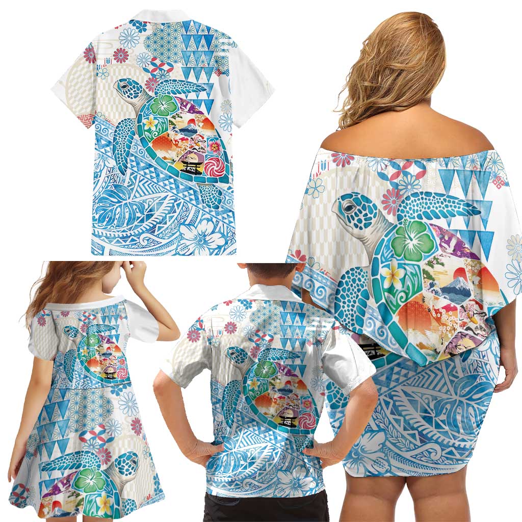 Hawaiian and Japanese Culture Together Family Matching Off Shoulder Short Dress and Hawaiian Shirt Tropical Honu with Japanese Elements Blue Color LT03 - Polynesian Pride