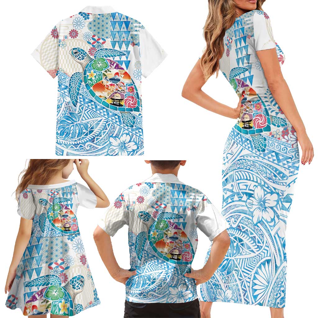 Hawaiian and Japanese Culture Together Family Matching Short Sleeve Bodycon Dress and Hawaiian Shirt Tropical Honu with Japanese Elements Blue Color LT03 - Polynesian Pride