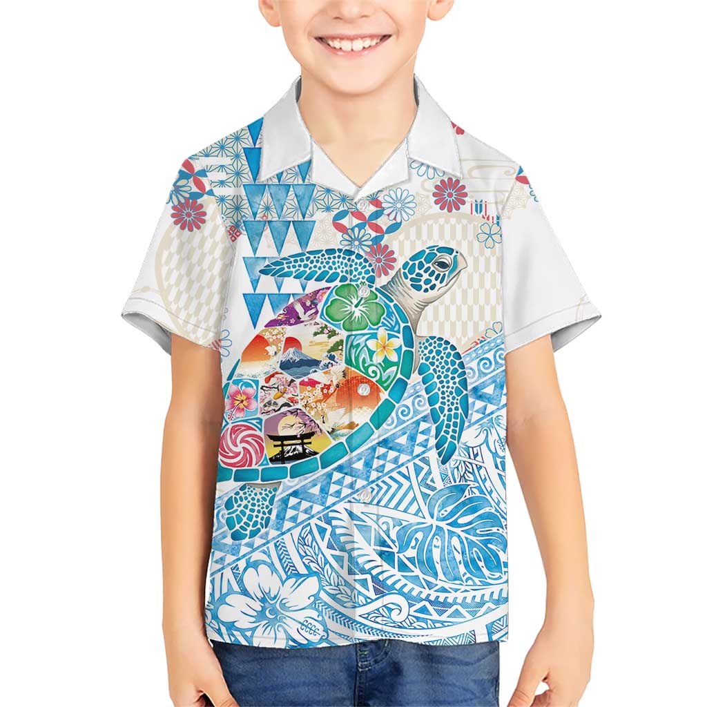 Hawaiian and Japanese Culture Together Family Matching Short Sleeve Bodycon Dress and Hawaiian Shirt Tropical Honu with Japanese Elements Blue Color LT03 Son's Shirt Blue - Polynesian Pride