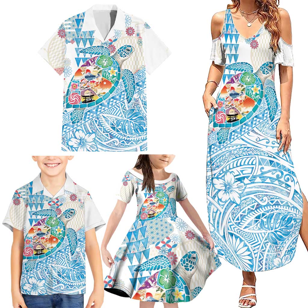 Hawaiian and Japanese Culture Together Family Matching Summer Maxi Dress and Hawaiian Shirt Tropical Honu with Japanese Elements Blue Color LT03 - Polynesian Pride