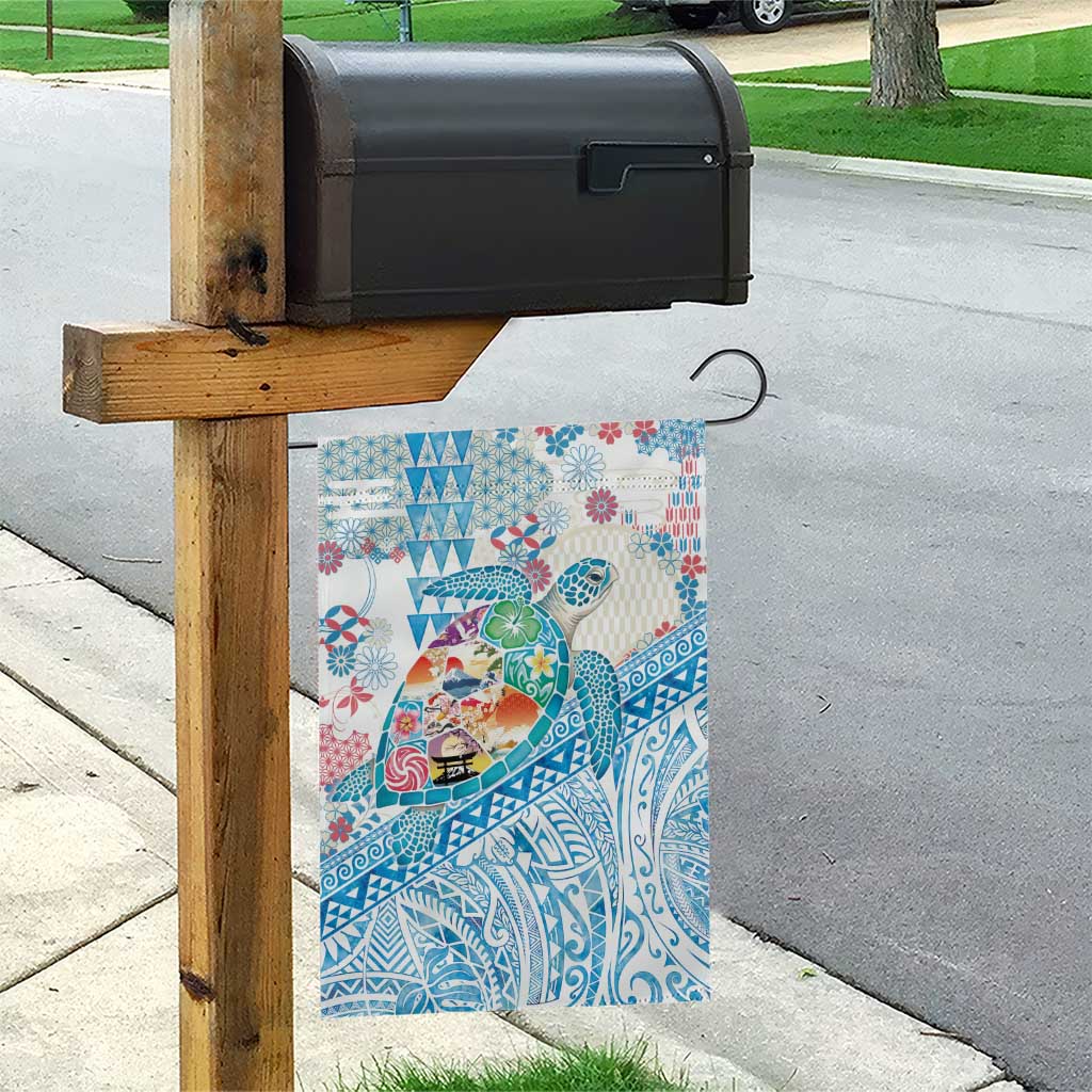 Hawaiian and Japanese Culture Together Garden Flag Tropical Honu with Japanese Elements Blue Color