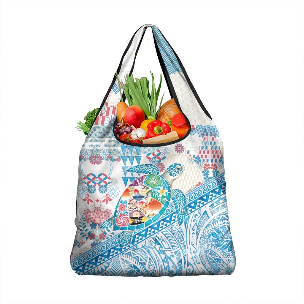 Hawaiian and Japanese Culture Together Grocery Bag Tropical Honu with Japanese Elements Blue Color LT03 1-pack One Size Blue - Polynesian Pride