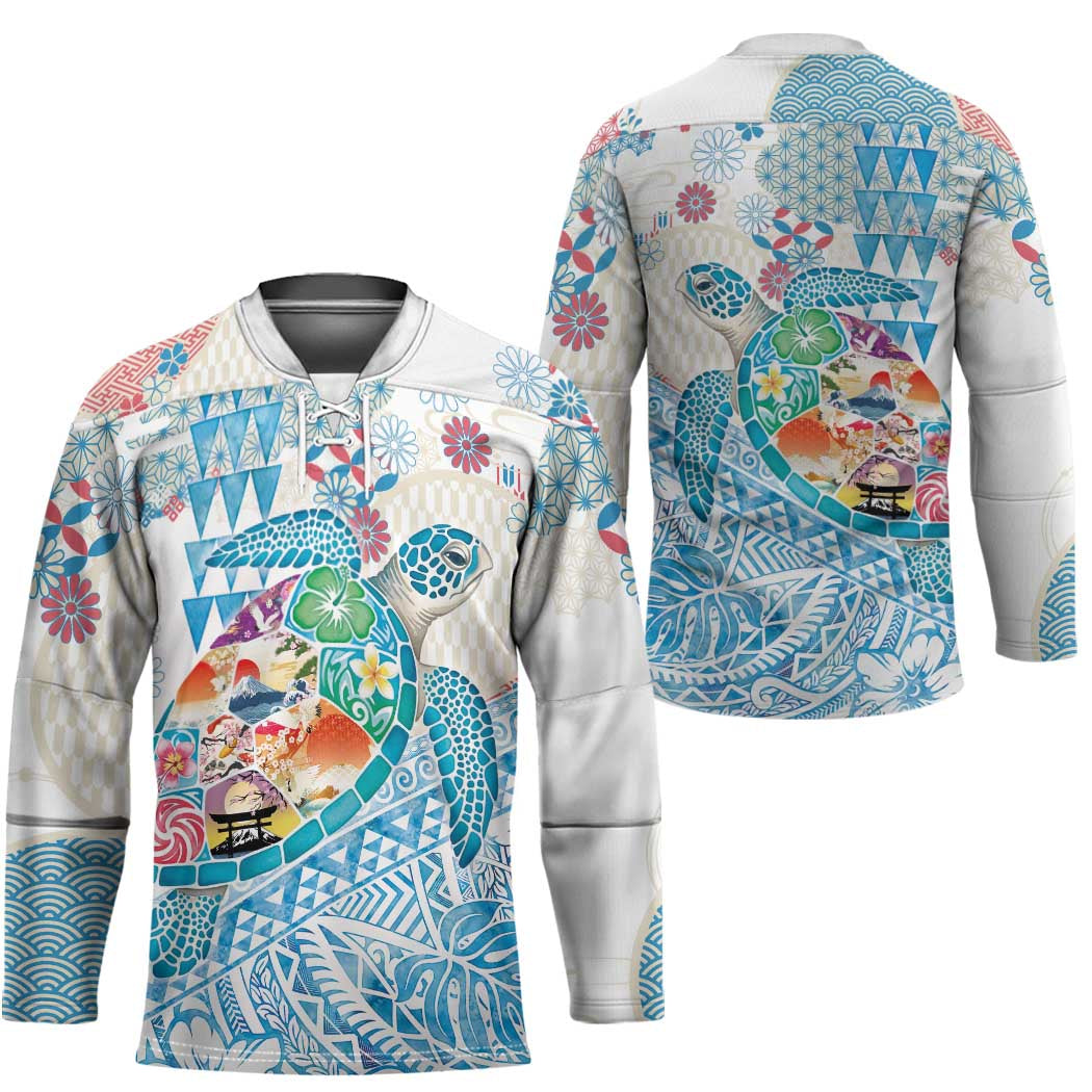 Hawaiian and Japanese Culture Together Hockey Jersey Tropical Honu with Japanese Elements Blue Color LT03 - Polynesian Pride