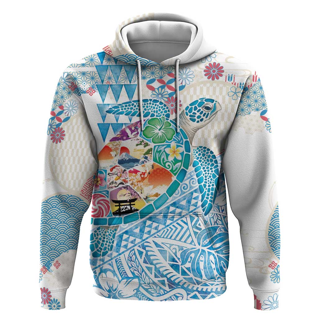 Hawaiian and Japanese Culture Together Hoodie Tropical Honu with Japanese Elements Blue Color LT03 Pullover Hoodie Blue - Polynesian Pride