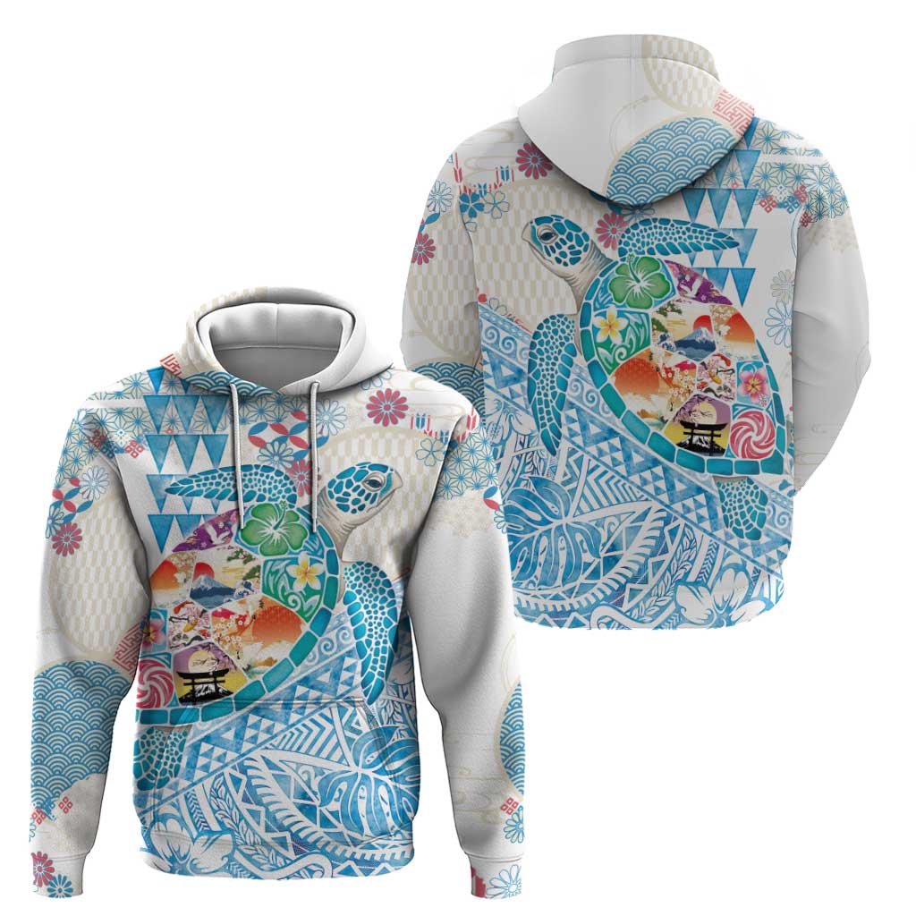 Hawaiian and Japanese Culture Together Hoodie Tropical Honu with Japanese Elements Blue Color LT03 - Polynesian Pride
