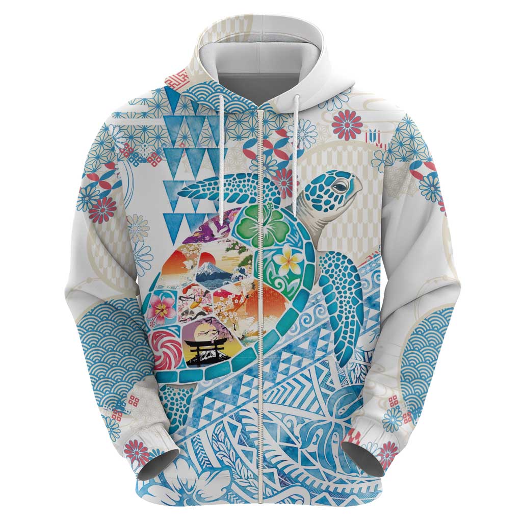 Hawaiian and Japanese Culture Together Hoodie Tropical Honu with Japanese Elements Blue Color LT03 - Polynesian Pride
