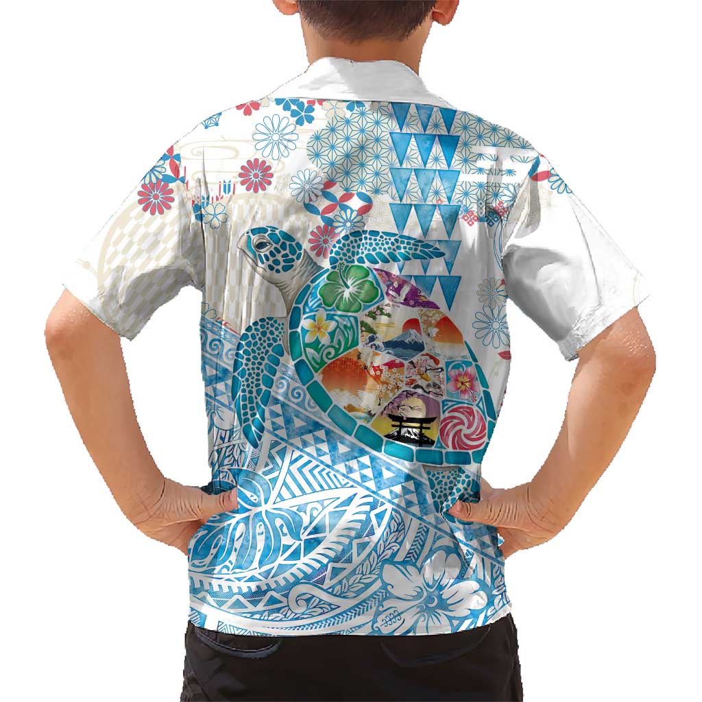 Hawaiian and Japanese Culture Together Kid Hawaiian Shirt Tropical Honu with Japanese Elements Blue Color LT03 - Polynesian Pride