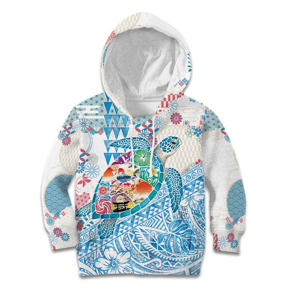 Hawaiian and Japanese Culture Together Kid Hoodie Tropical Honu with Japanese Elements Blue Color LT03 Hoodie Blue - Polynesian Pride