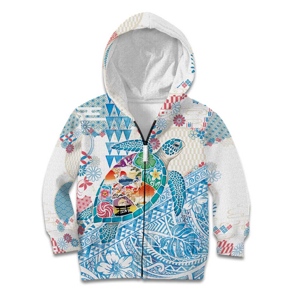 Hawaiian and Japanese Culture Together Kid Hoodie Tropical Honu with Japanese Elements Blue Color LT03 Zip Hoodie Blue - Polynesian Pride