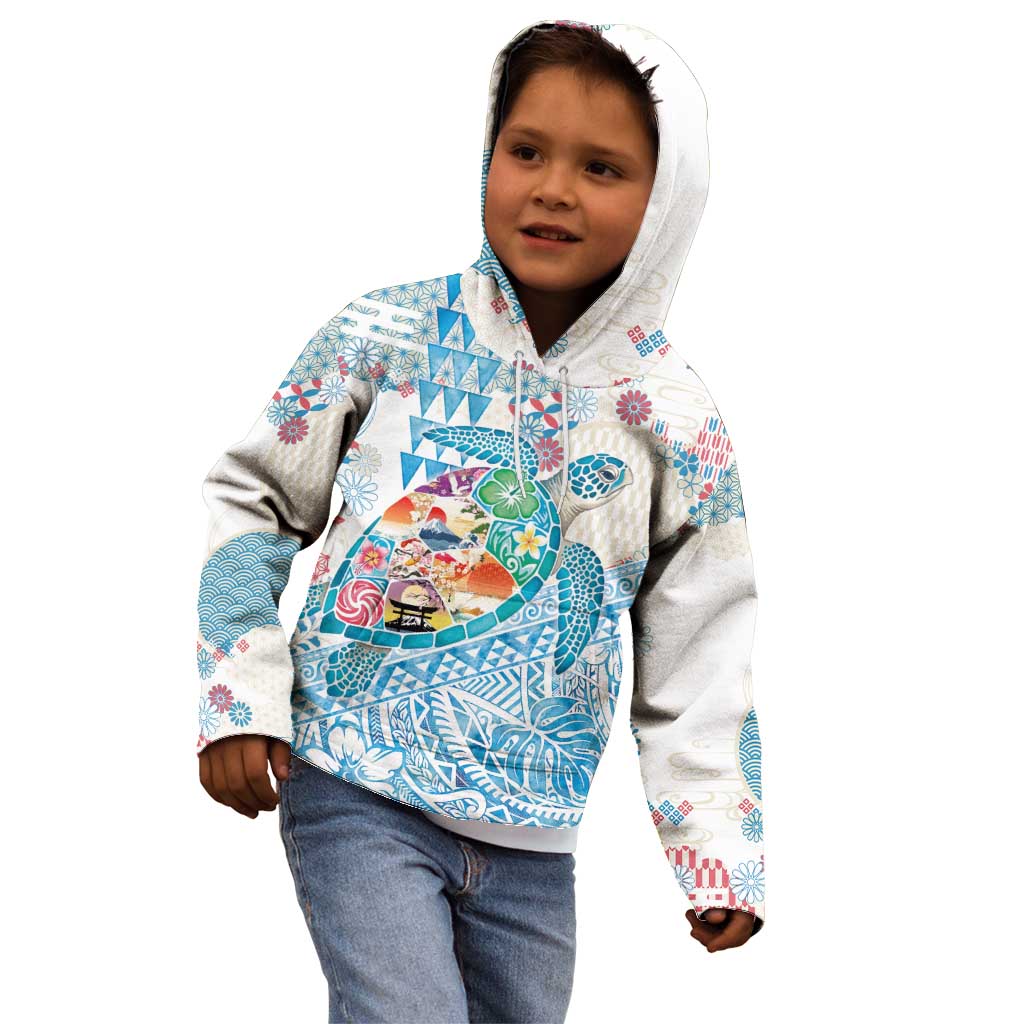 Hawaiian and Japanese Culture Together Kid Hoodie Tropical Honu with Japanese Elements Blue Color LT03 - Polynesian Pride