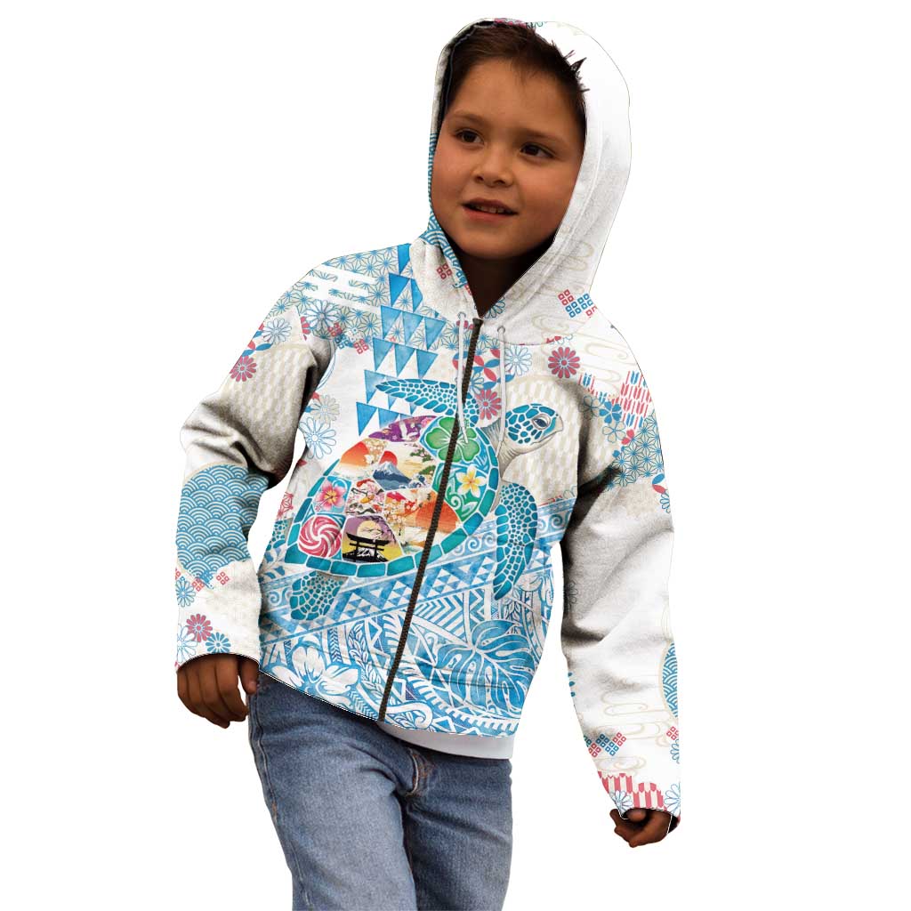 Hawaiian and Japanese Culture Together Kid Hoodie Tropical Honu with Japanese Elements Blue Color LT03 - Polynesian Pride