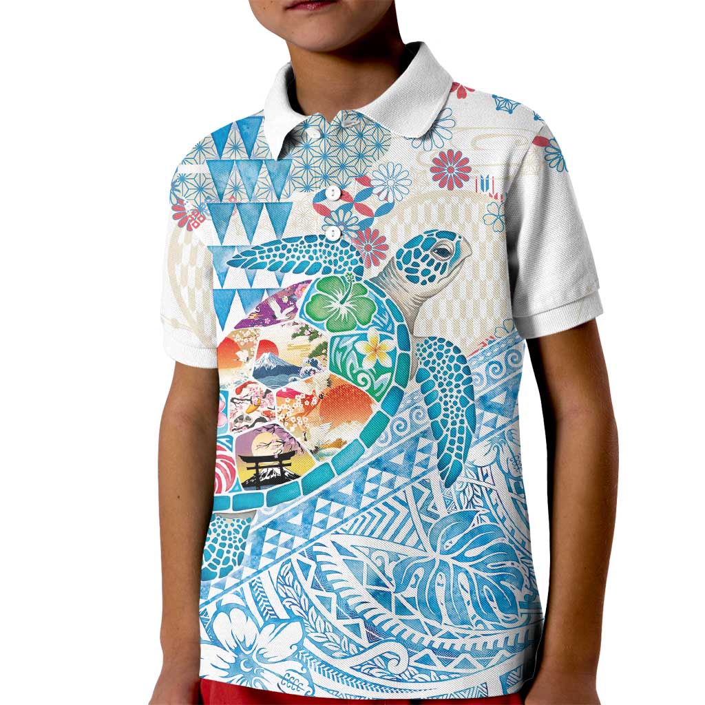 Hawaiian and Japanese Culture Together Kid Polo Shirt Tropical Honu with Japanese Elements Blue Color LT03 Kid Blue - Polynesian Pride