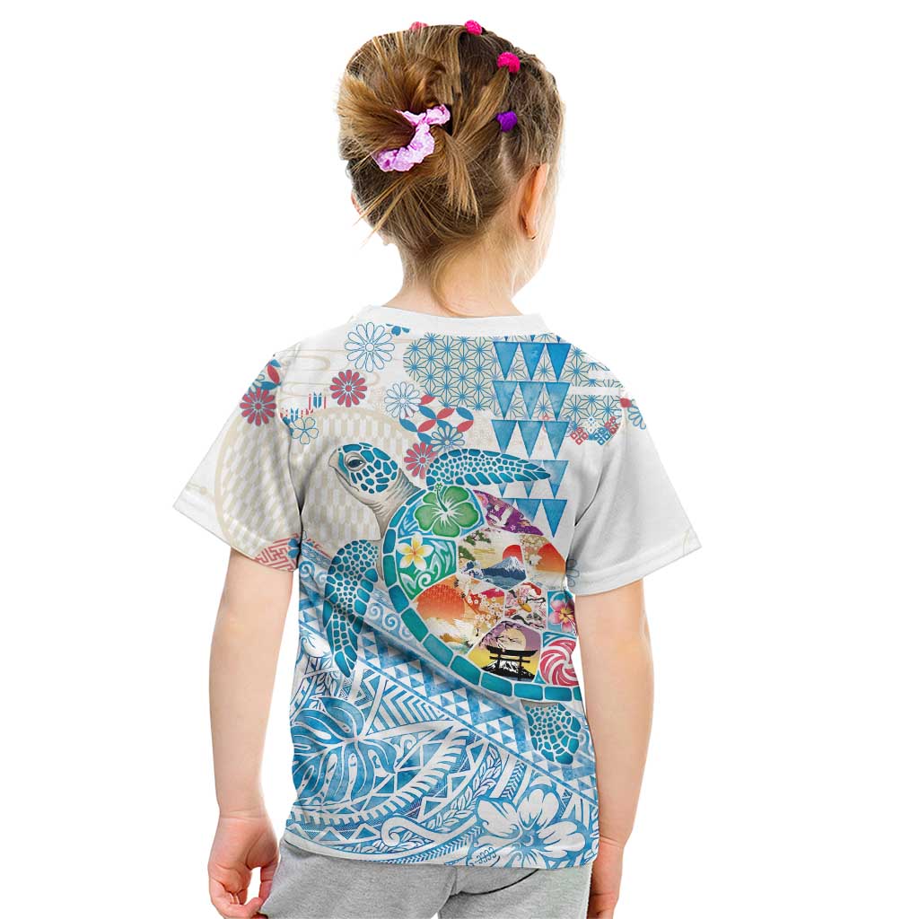 Hawaiian and Japanese Culture Together Kid T Shirt Tropical Honu with Japanese Elements Blue Color LT03 - Polynesian Pride