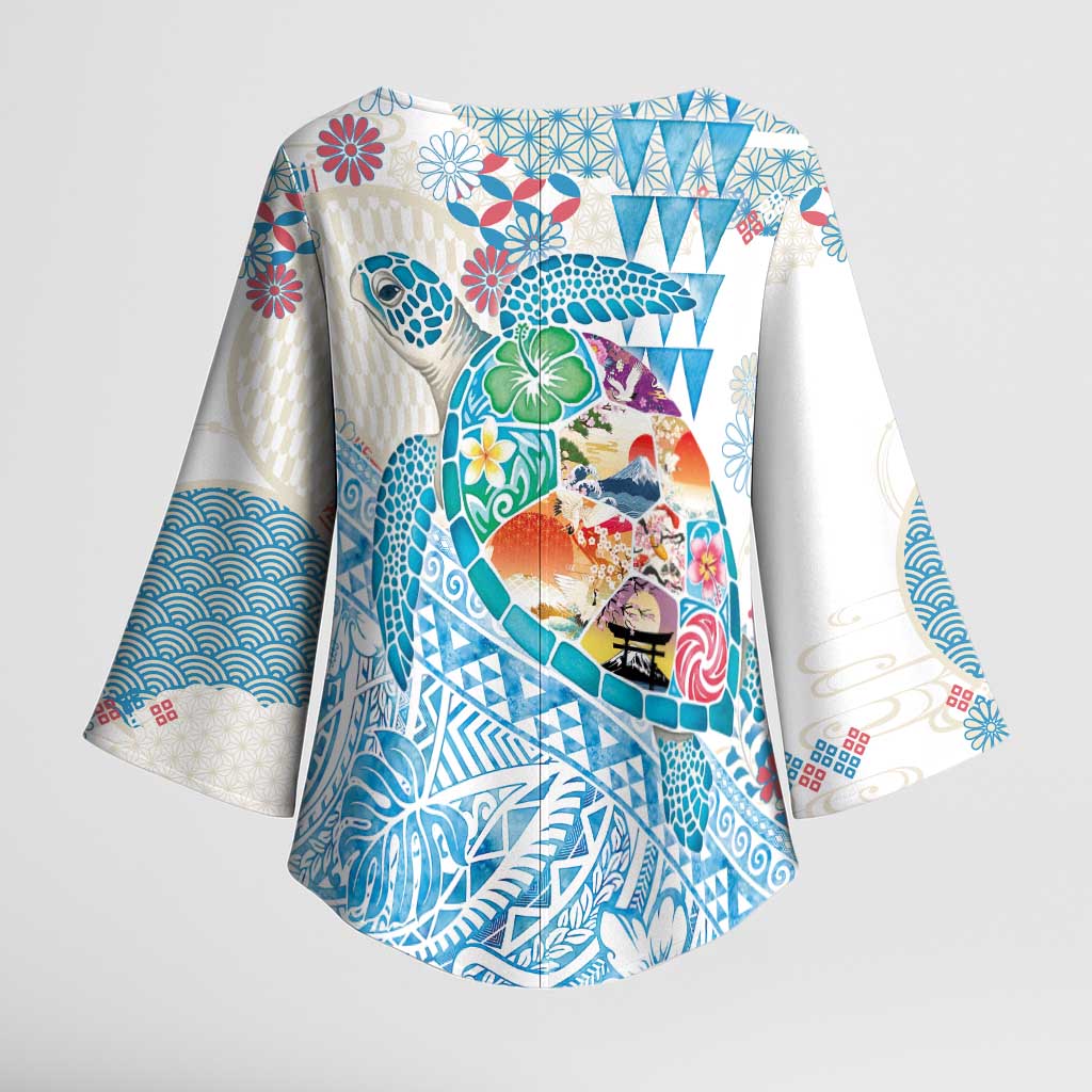 Hawaiian and Japanese Culture Together Kimono Sleeve Blouse Tropical Honu with Japanese Elements Blue Color LT03 - Polynesian Pride