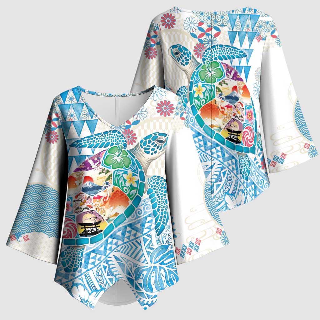 Hawaiian and Japanese Culture Together Kimono Sleeve Blouse Tropical Honu with Japanese Elements Blue Color LT03 - Polynesian Pride